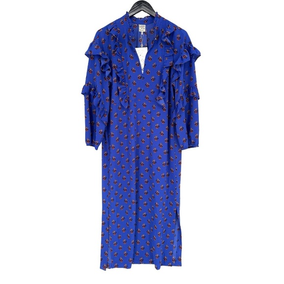 NWT Baum Und Pferdgarten Ahadi Long Sleeve Ruffle Midi Dress 36 Blue Floral - Picture 5 of 16
